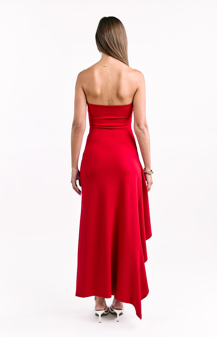 Strapless Ruched Bodice Ruffle Back Split Column Maxi Dress 5