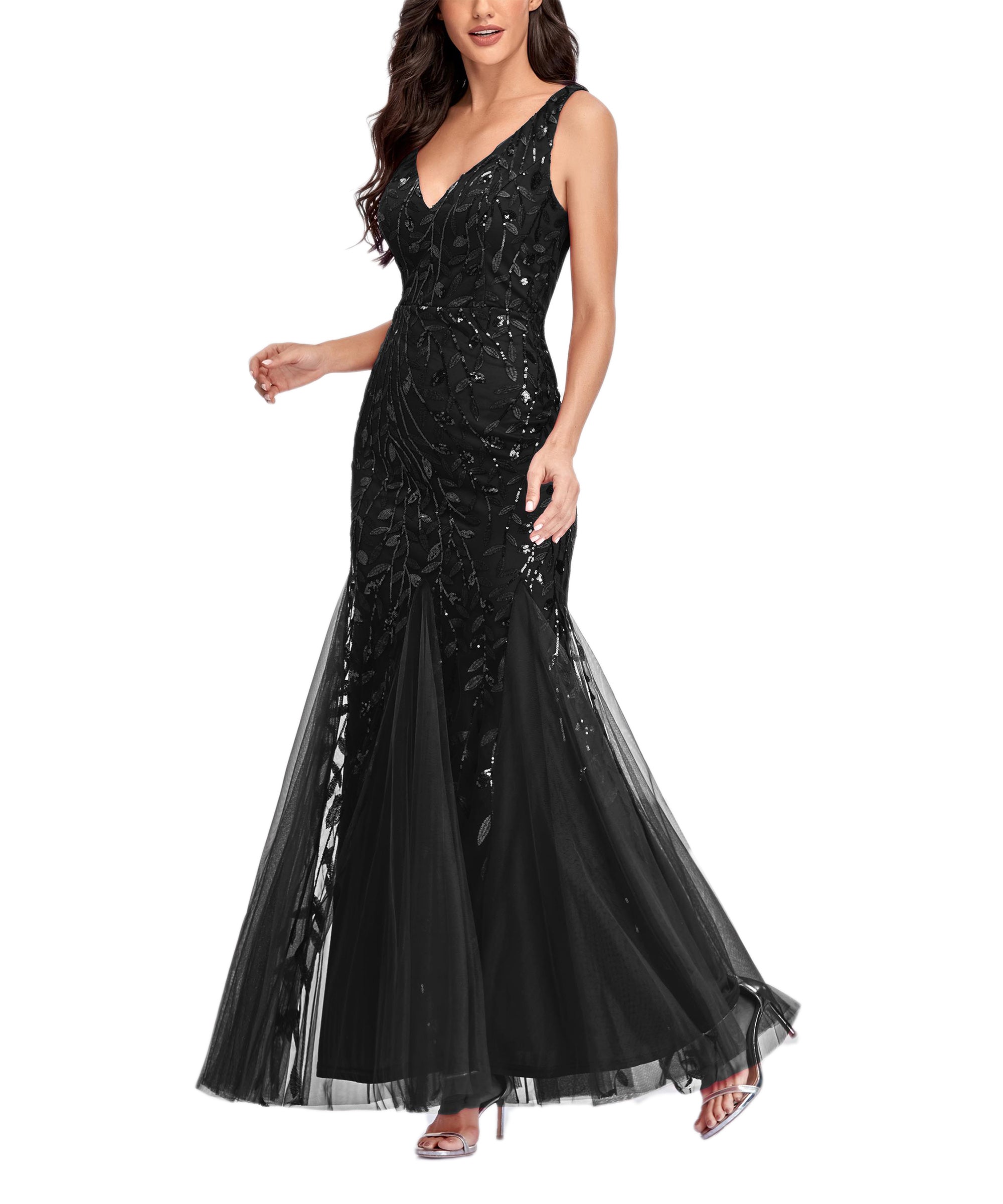 Sequin V-Neck Sleeveless Tulle Mermaid Gown