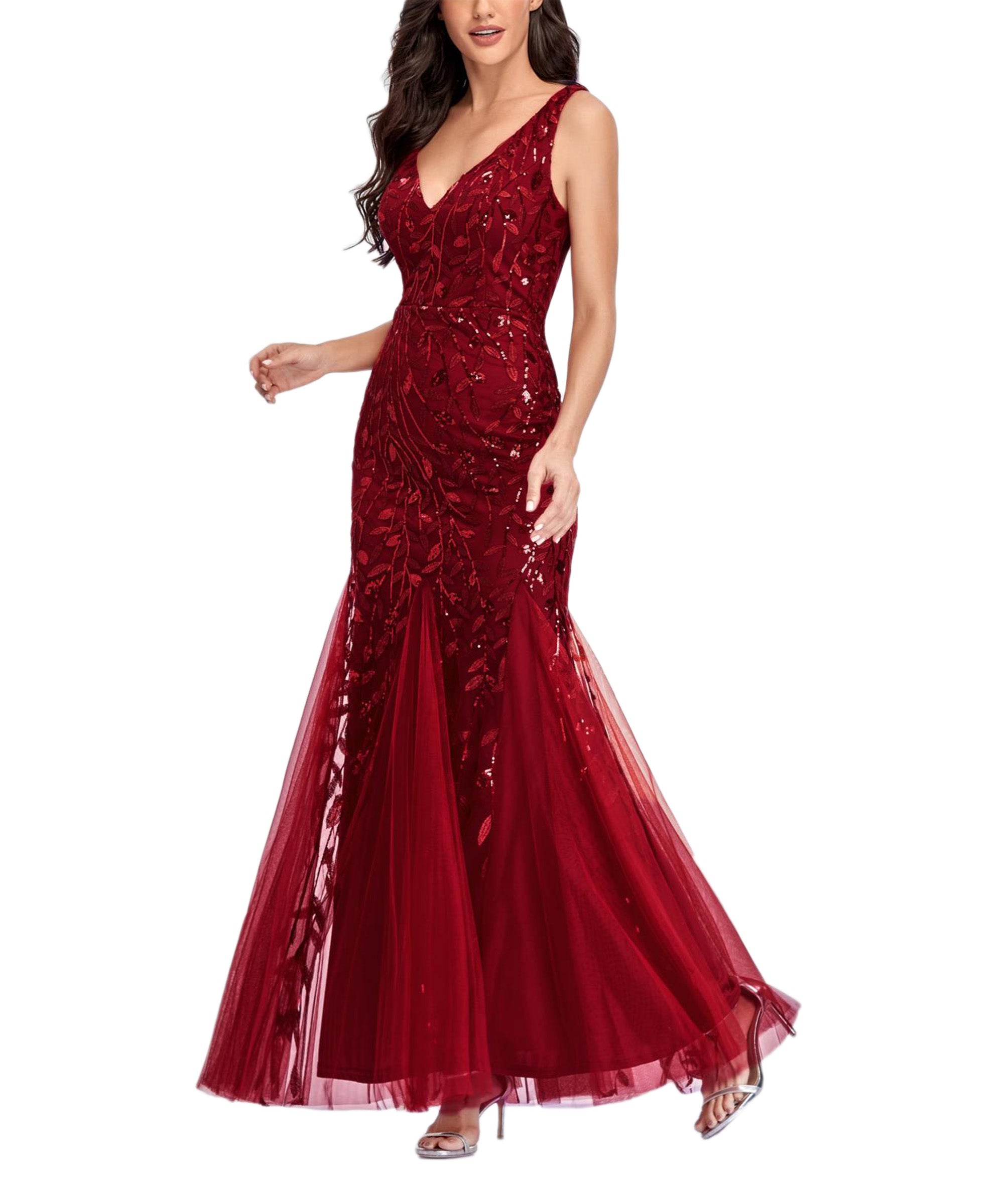Sequin V-Neck Sleeveless Tulle Mermaid Gown