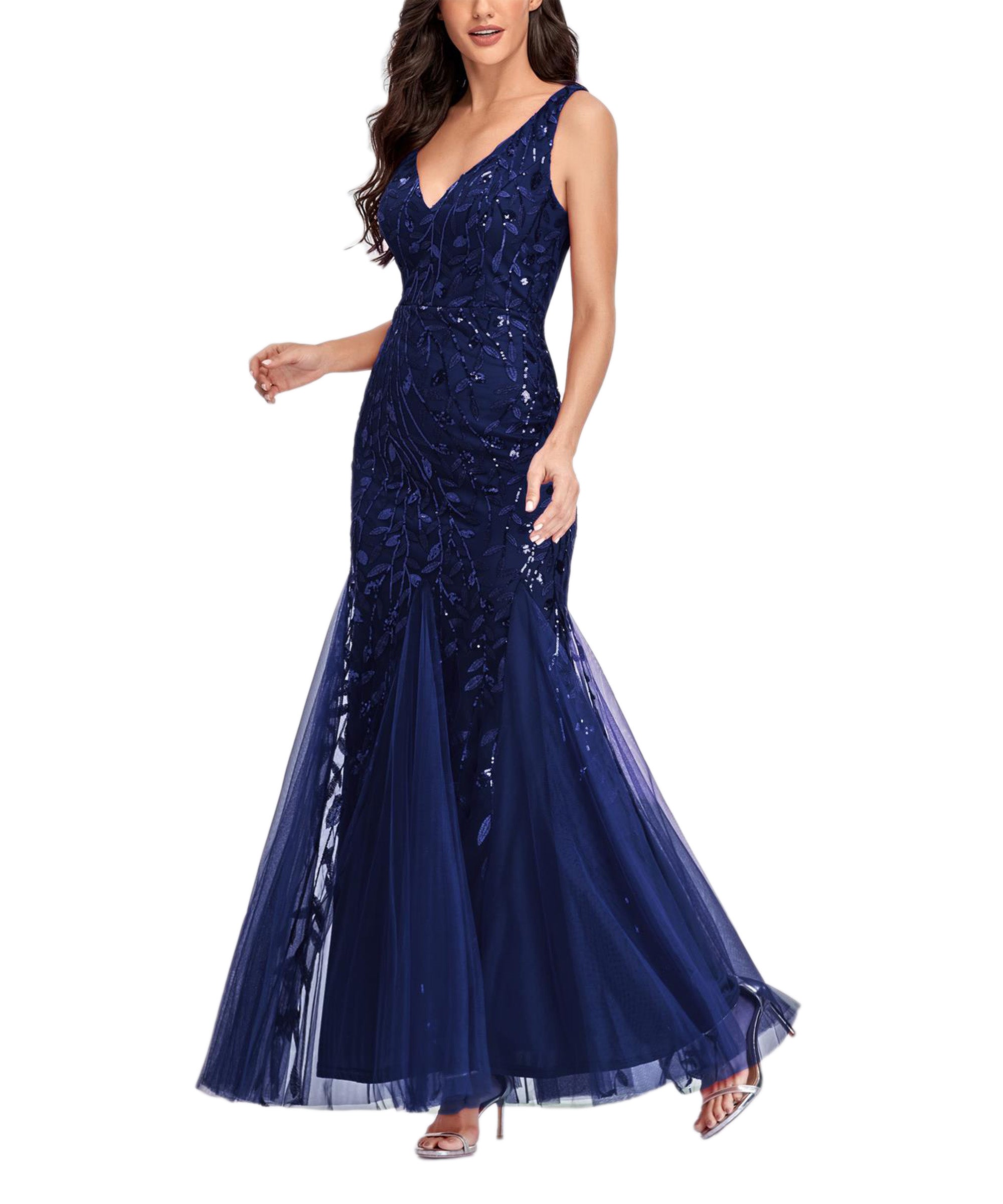 Sequin V-Neck Sleeveless Tulle Mermaid Gown