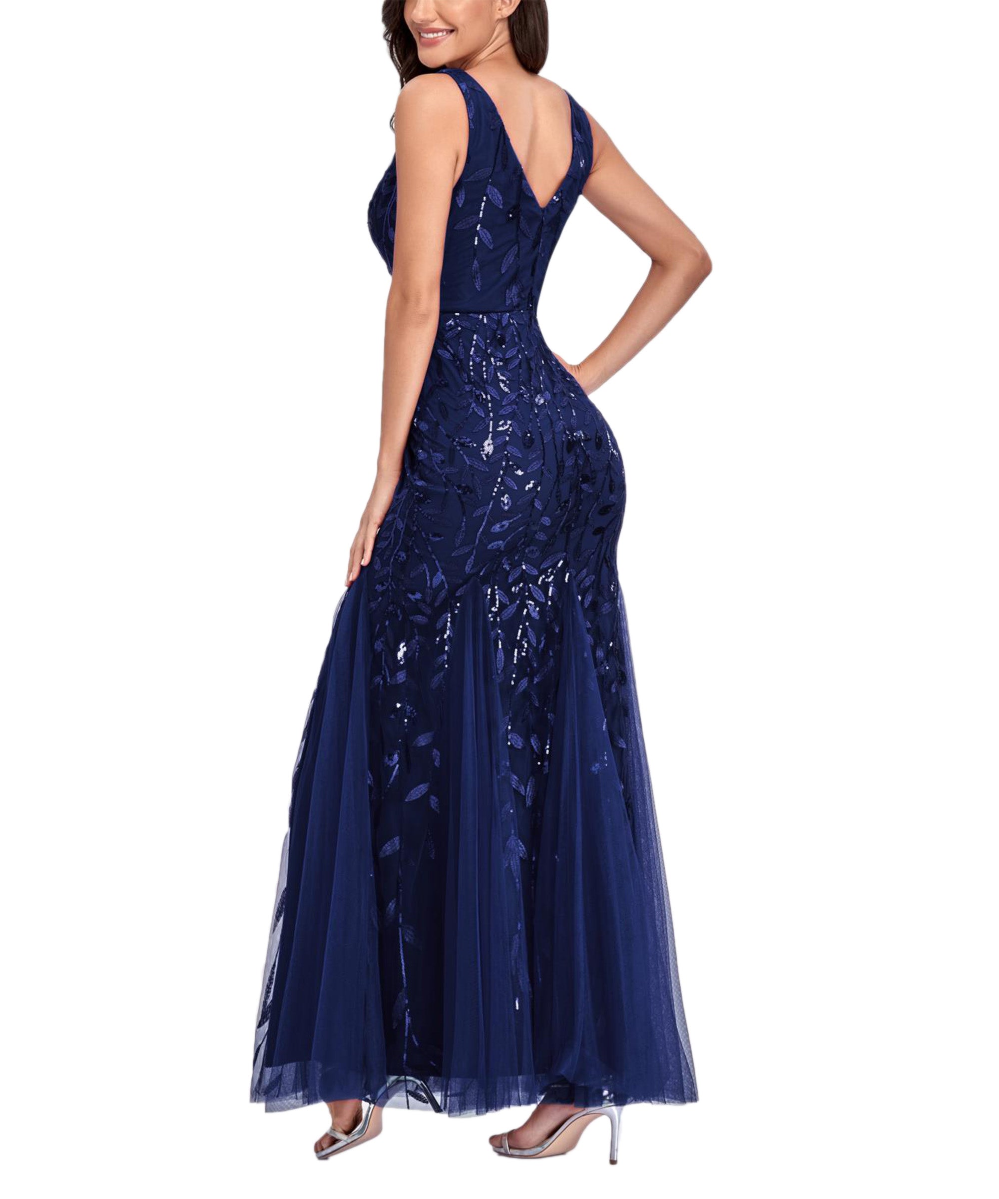 Sequin V-Neck Sleeveless Tulle Mermaid Gown