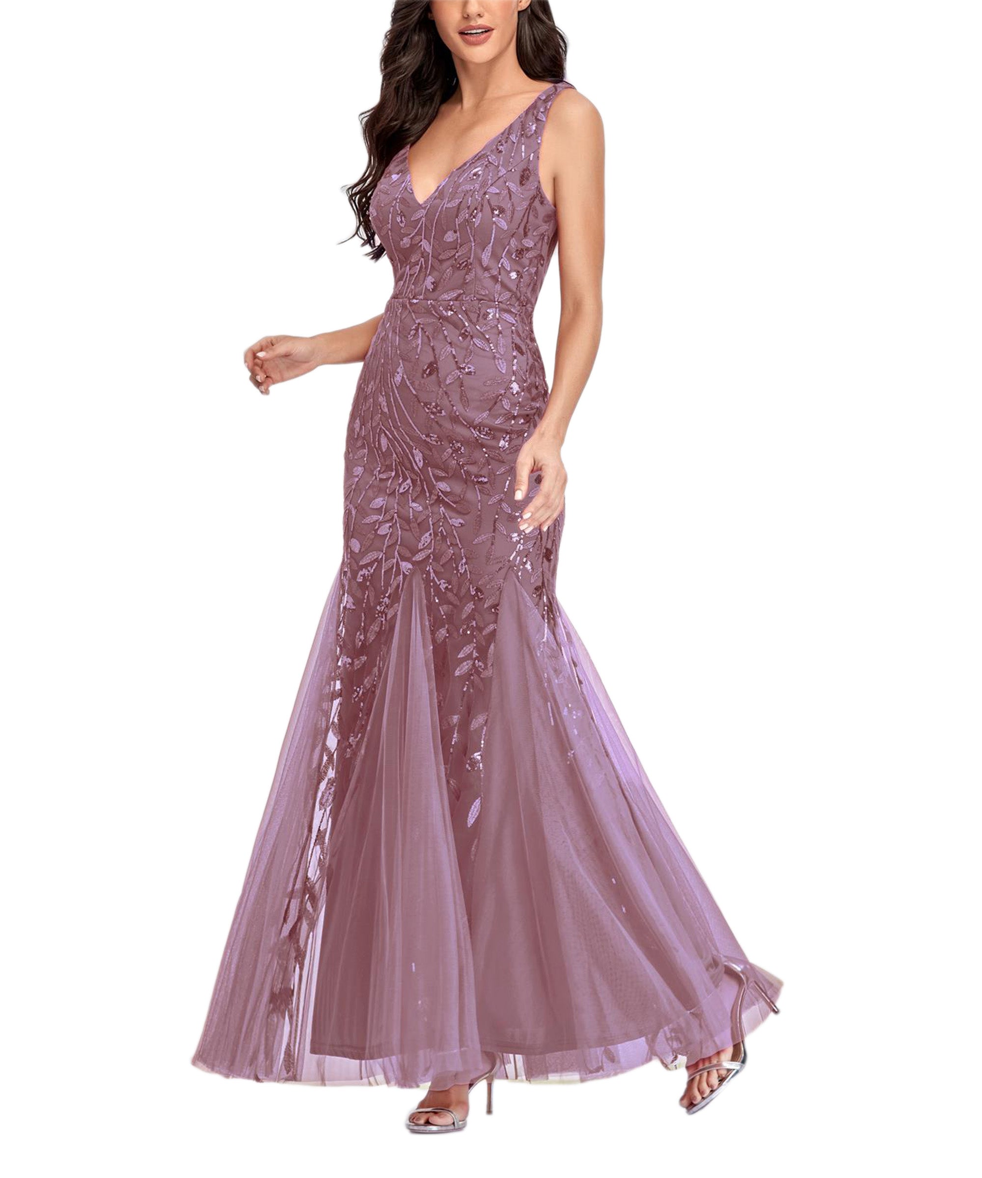 Sequin V-Neck Sleeveless Tulle Mermaid Gown