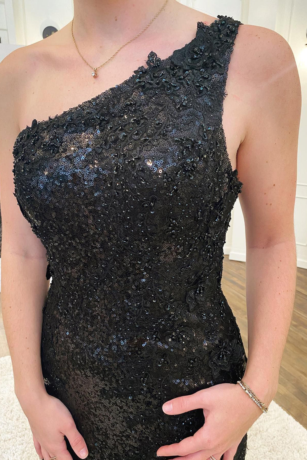 Mermaid One Shoulder Black Sequins Prom Dress With Split