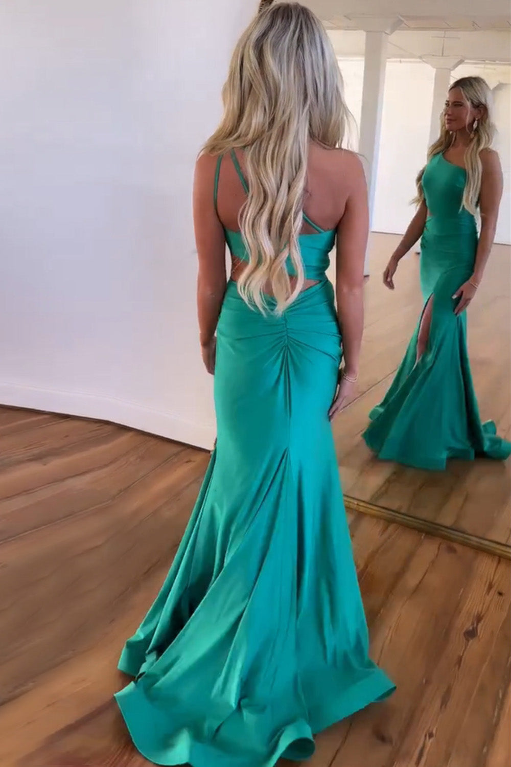 Simple One Shoulder Cutout Waist Mermaid Long Prom Dress With Split
