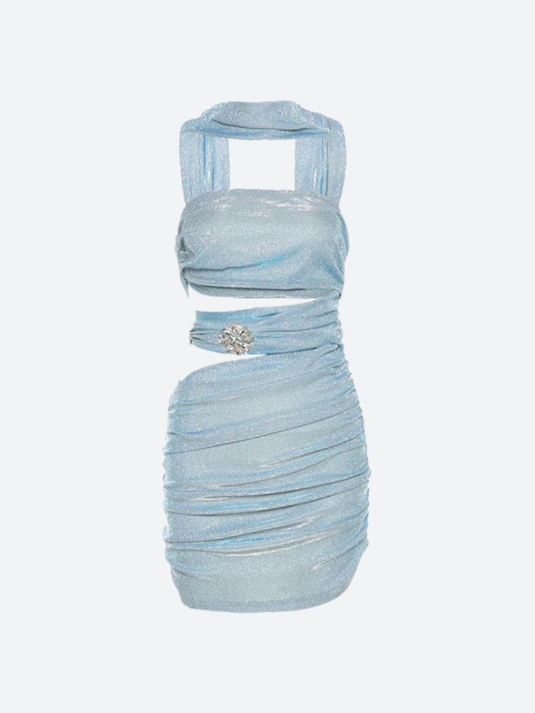 Glitter Strapless Cut Out Ruched Bodycon Mini Dress with Neck Scarf 3