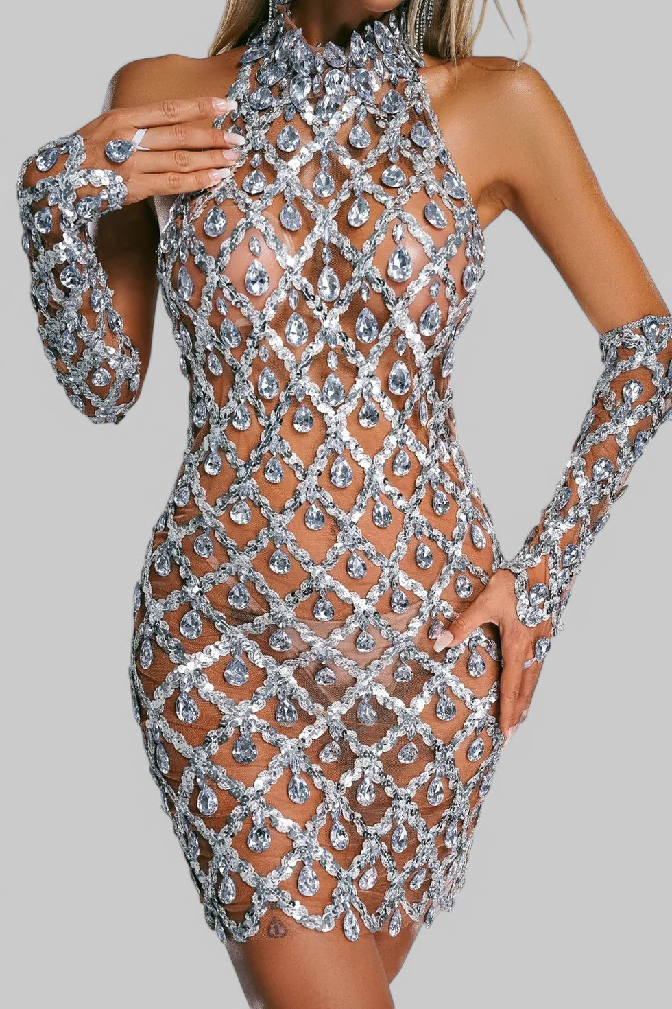 Rhinestone Lattice Sheer Mesh Halter Neck Mini Dress with Gloves 4