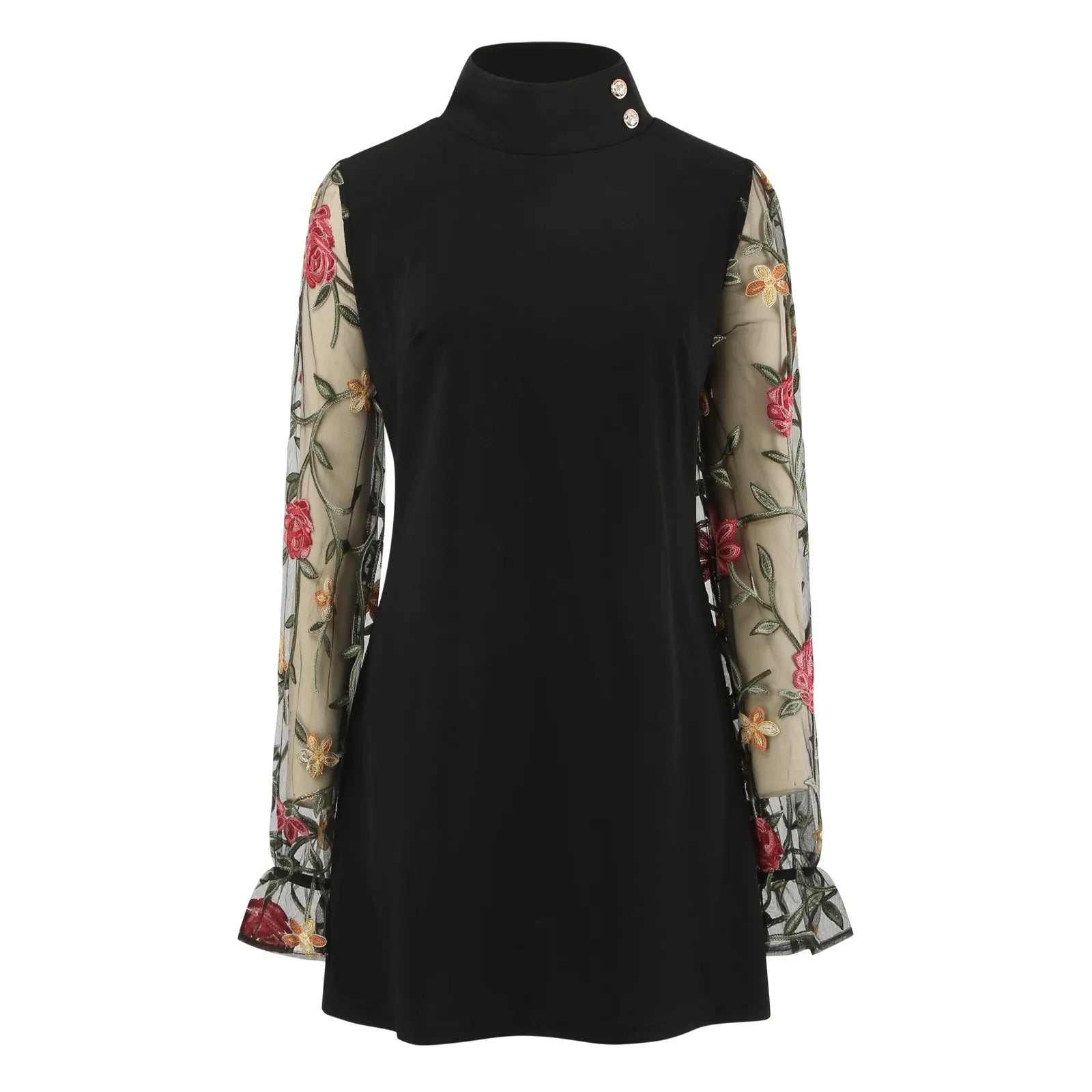 Mesh Floral Embroidery Mock Neck Lantern Sleeve Ruffle Cuff Mini Dress