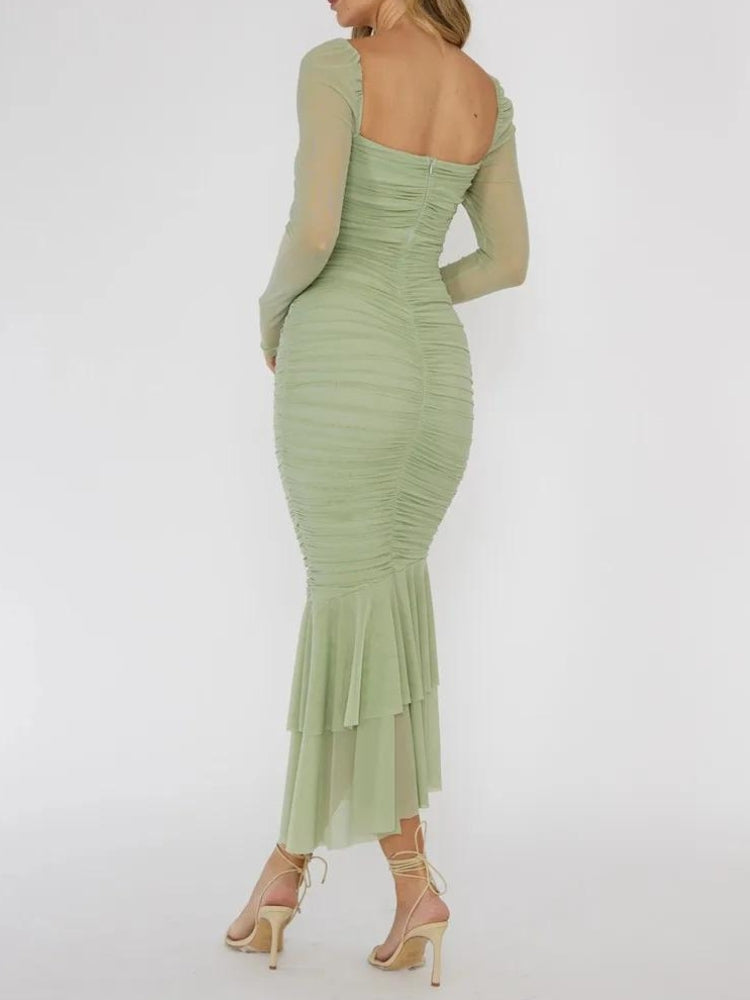 Mesh Sweetheart Long Sleeve Cut Out Ruched Mermaid Maxi Dress