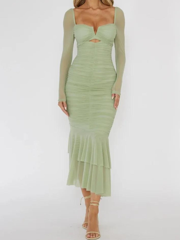 Mesh Sweetheart Long Sleeve Cut Out Ruched Mermaid Maxi Dress