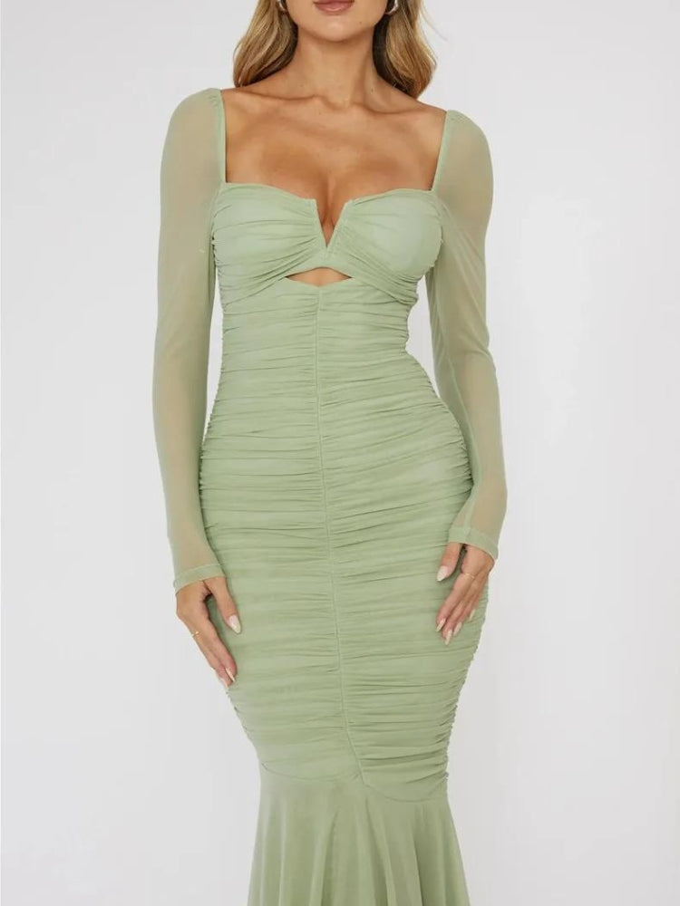 Mesh Sweetheart Long Sleeve Cut Out Ruched Mermaid Maxi Dress