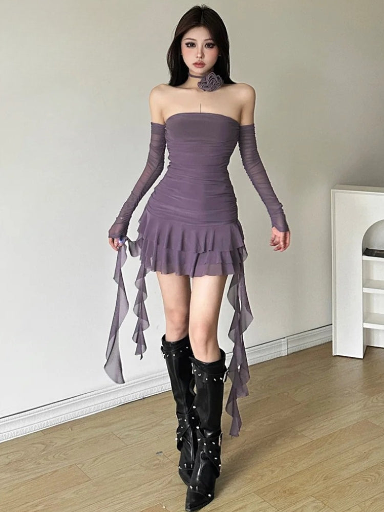 Mesh Ruffled Strapless Mini Dress - View 6