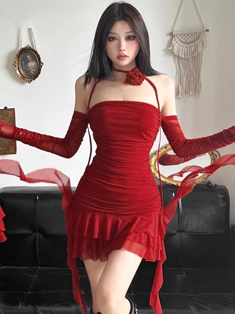 Mesh Strapless Ruched Tiered Ruffle Hem Bodycon Mini Dress with Gloves