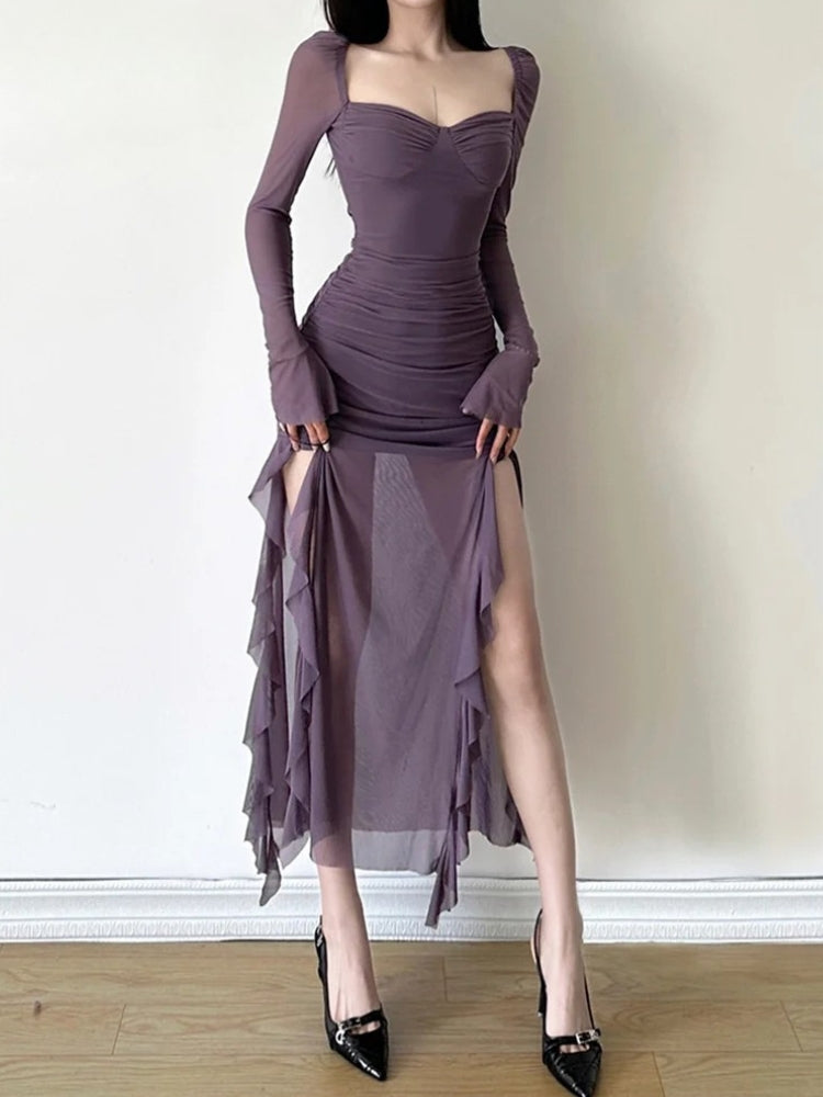 Mesh Split Midi Dress