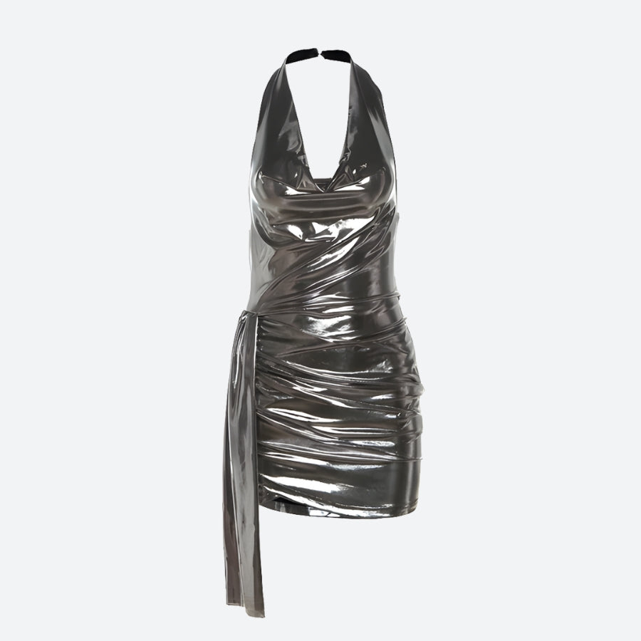 Metallic Halter Cowl Neck Ruched Bodycon Mini Dress