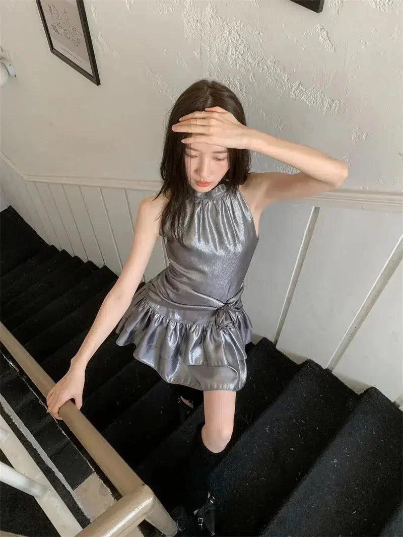 Metallic Halter Neck Sleeveless Rosette Tiered Ruffle Mini Party Dress - View 5