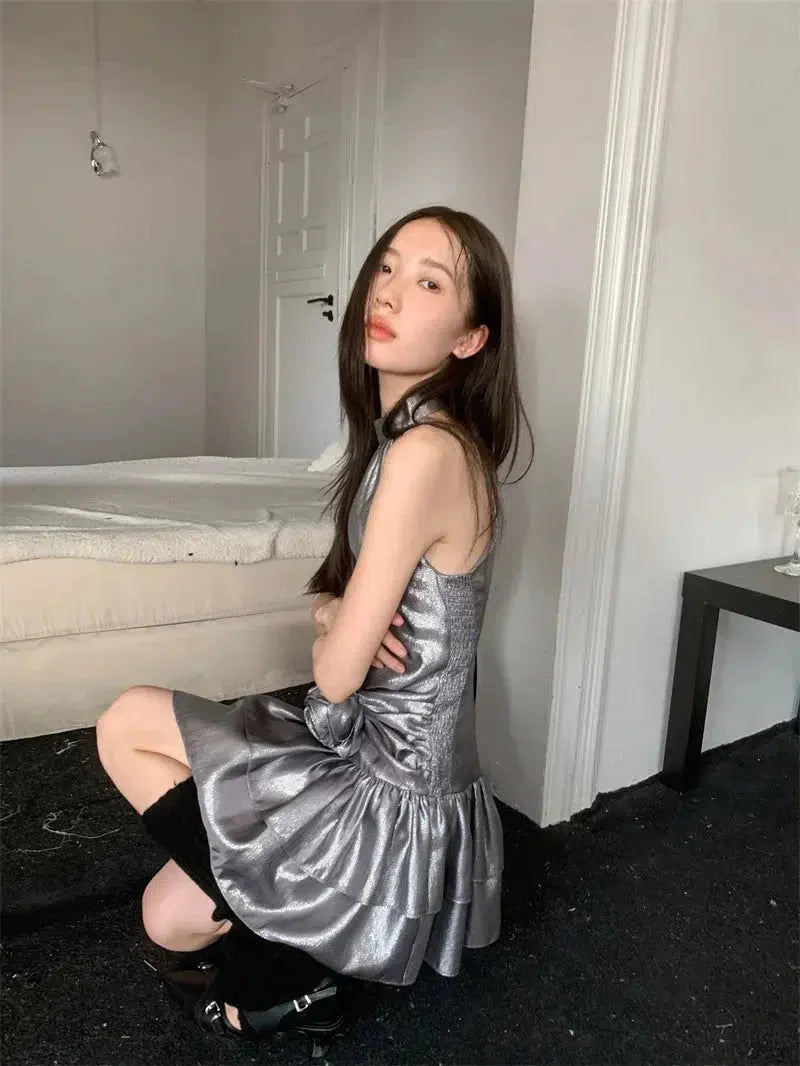 Metallic Halter Neck Sleeveless Rosette Tiered Ruffle Mini Party Dress - View 6