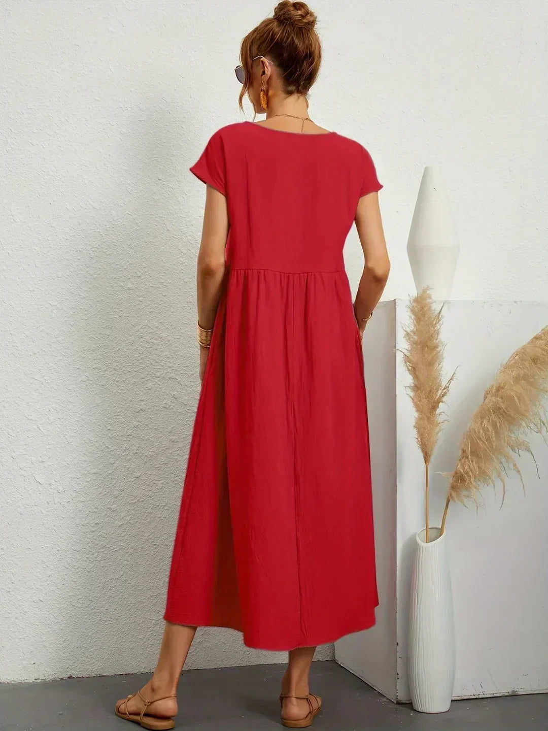 Round Neck Cap Sleeve Pocket A-Line Midi Dress