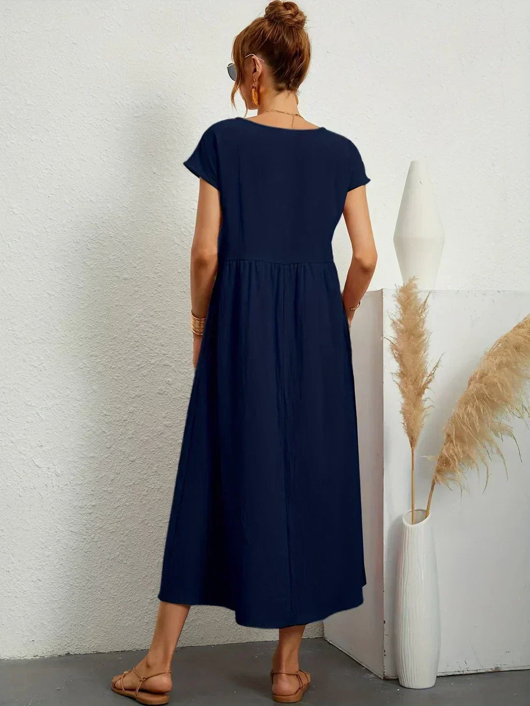 Round Neck Cap Sleeve Pocket A-Line Midi Dress
