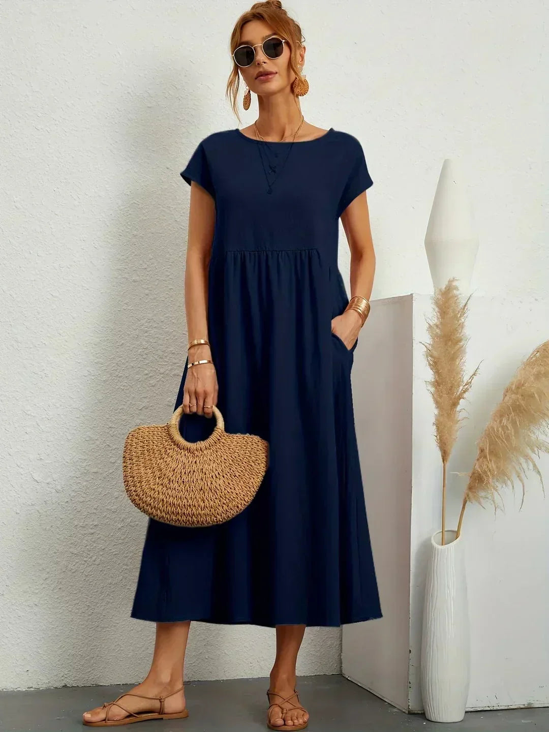 Round Neck Cap Sleeve Pocket A-Line Midi Dress