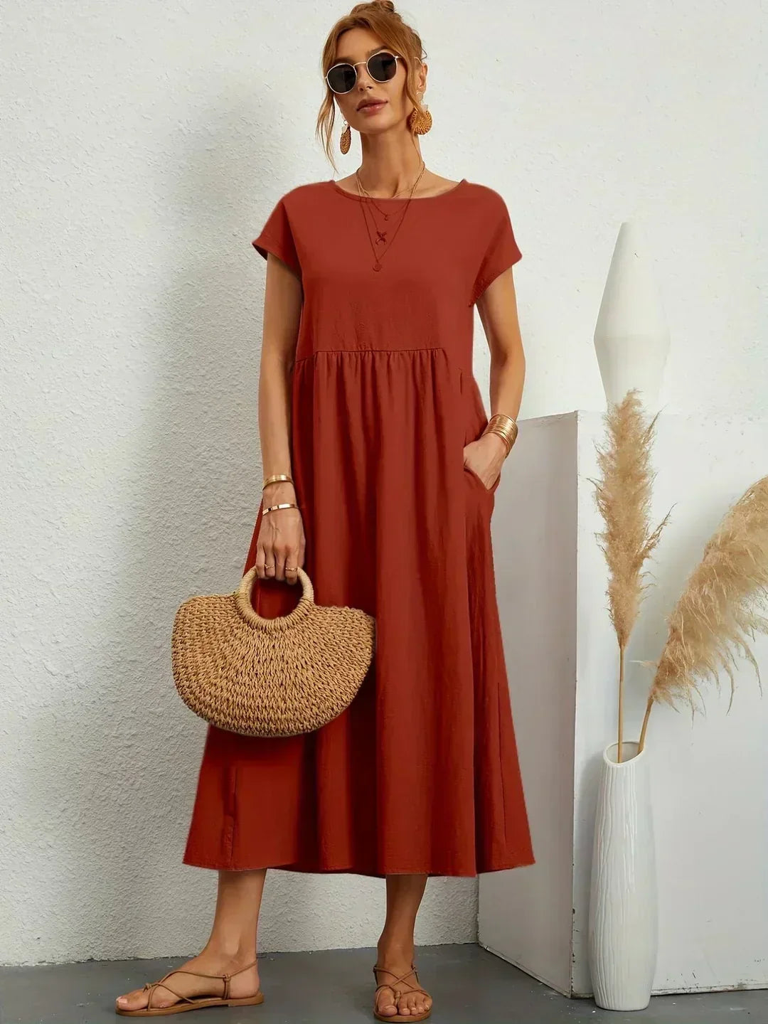 Round Neck Cap Sleeve Pocket A-Line Midi Dress