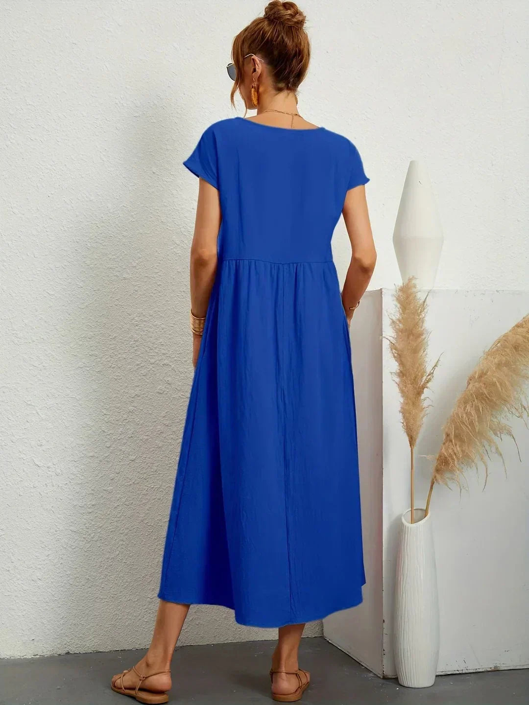 Round Neck Cap Sleeve Pocket A-Line Midi Dress