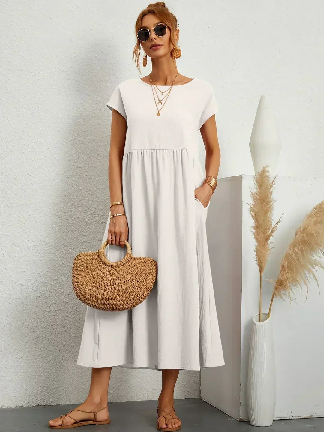 Round Neck Cap Sleeve Pocket A-Line Midi Dress