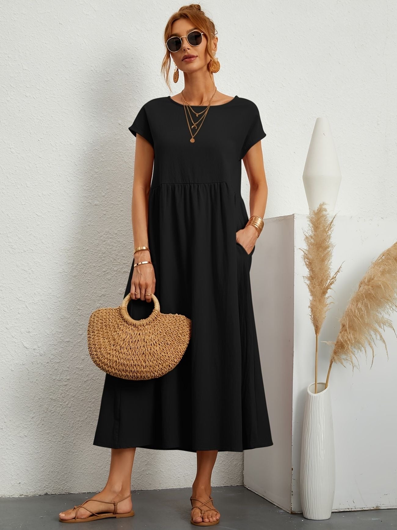 Short Sleeve Crew Neck Empire Waist Side Pocket A-Line Midi Dress