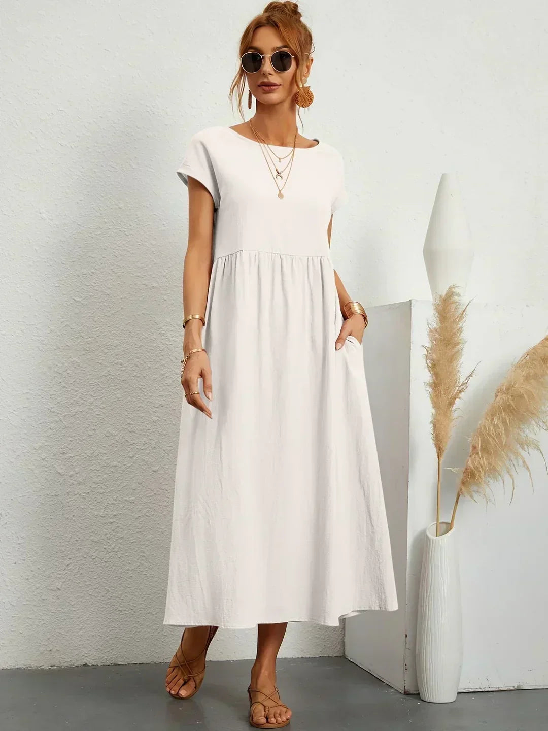 Round Neck Cap Sleeve Pocket A-Line Midi Dress