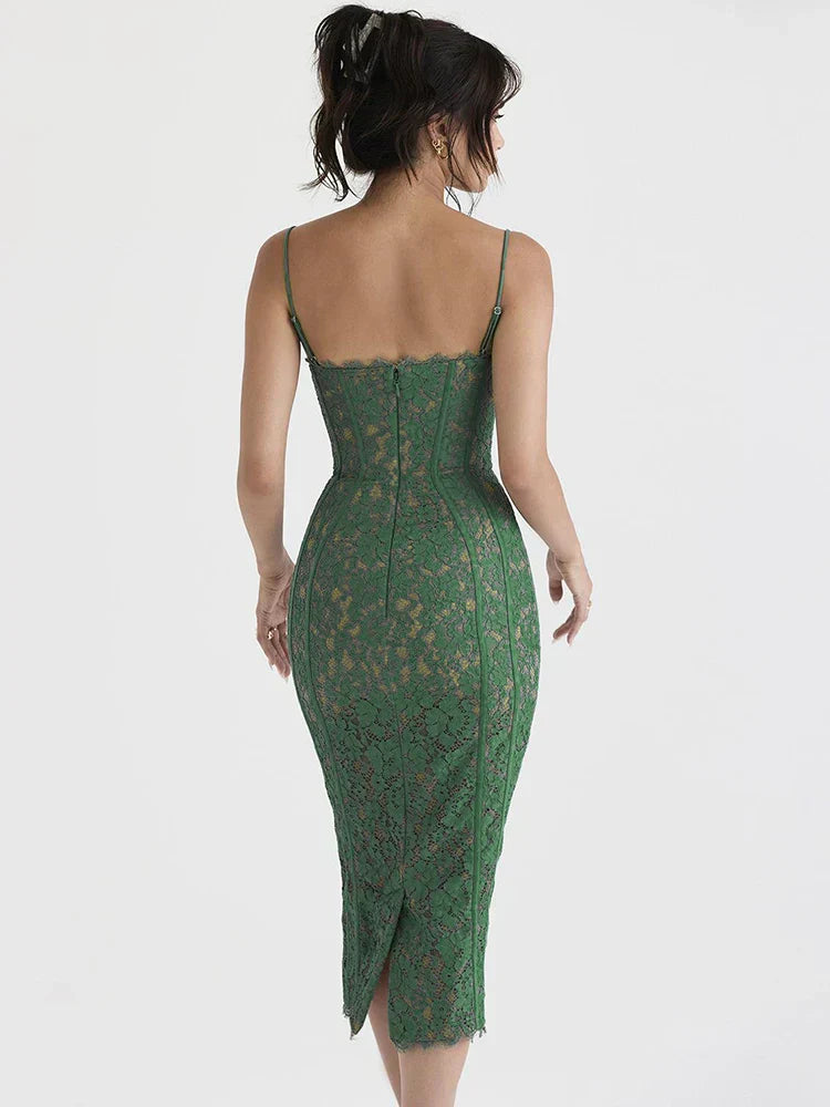 Lace Sweetheart Spaghetti Strap Seamed Corset Bustier Bodycon Midi Dress
