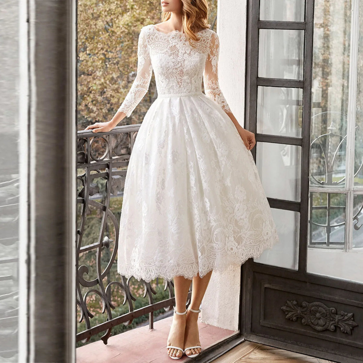 Long Sleeved Backless Slim Fitting White Lace Midi Dress - View 5