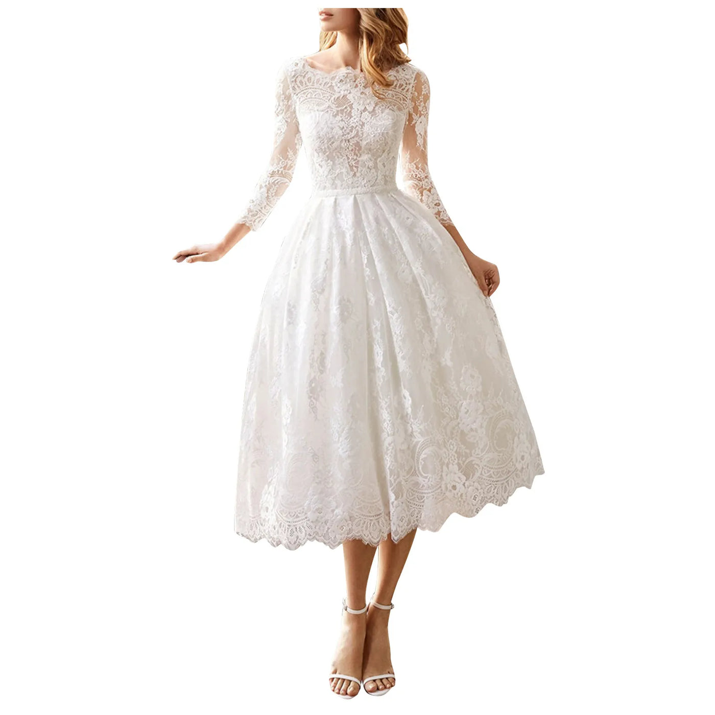 Long Sleeved Backless Slim Fitting White Lace Midi Dress 4