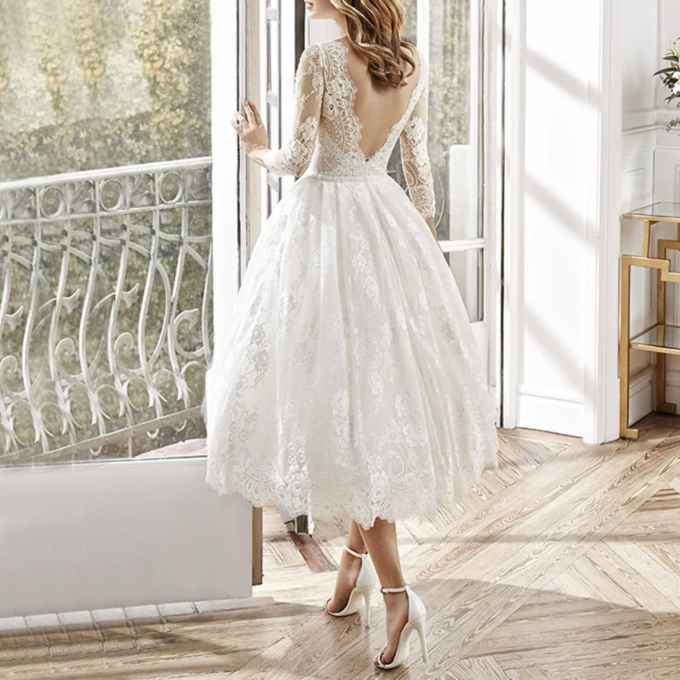 Long Sleeved Backless Slim Fitting White Lace Midi Dress 2