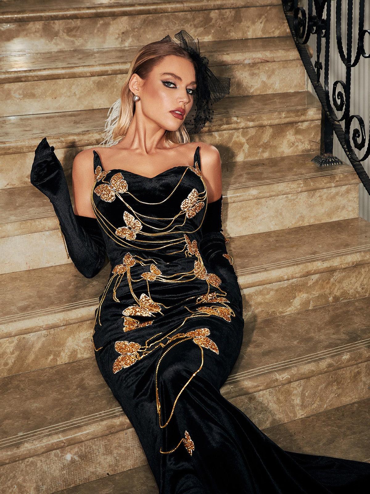 Velvet Strapless Sweetheart Butterfly Chain Embellished Maxi Gown