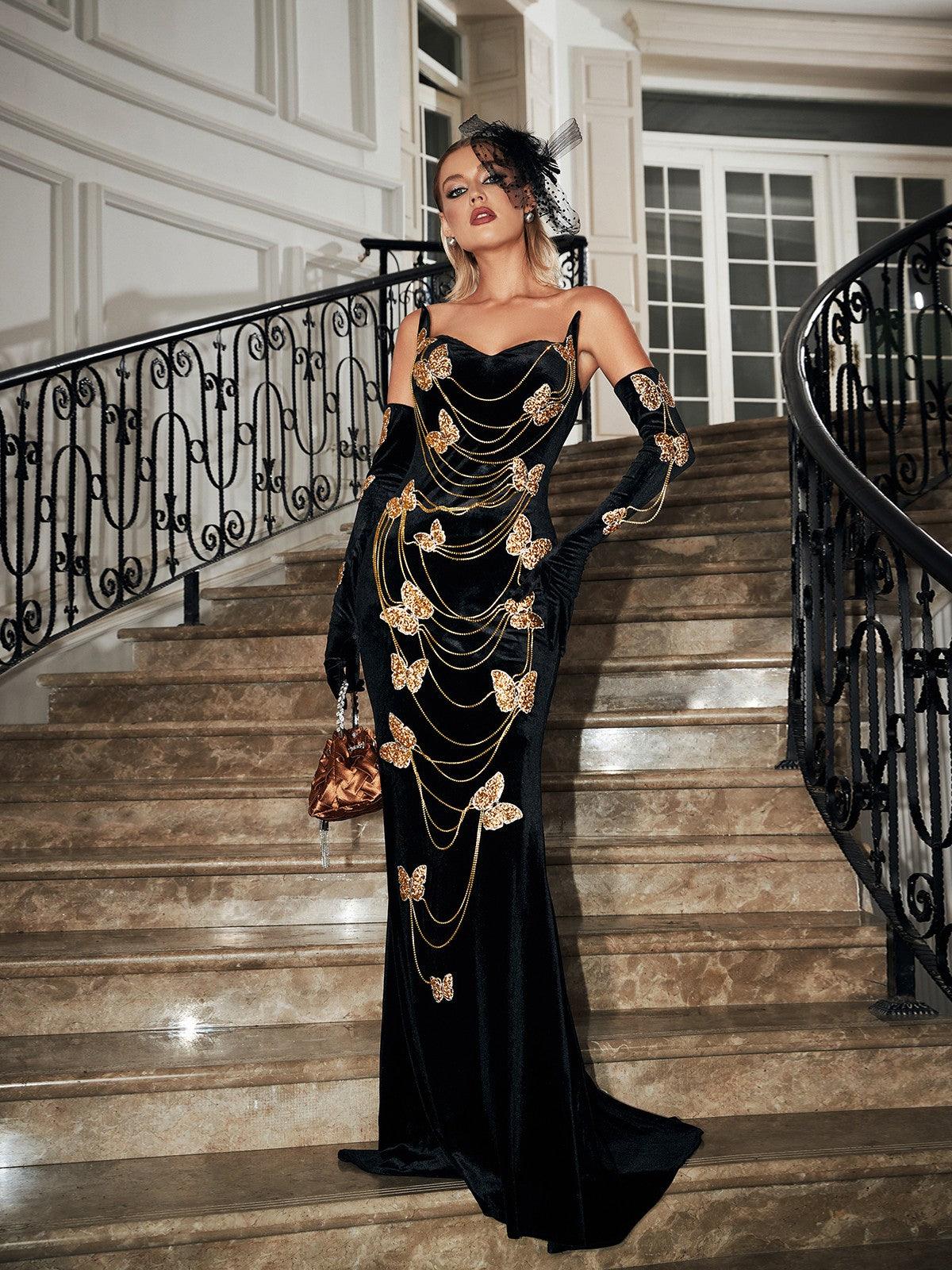 Velvet Strapless Sweetheart Butterfly Chain Embellished Maxi Gown