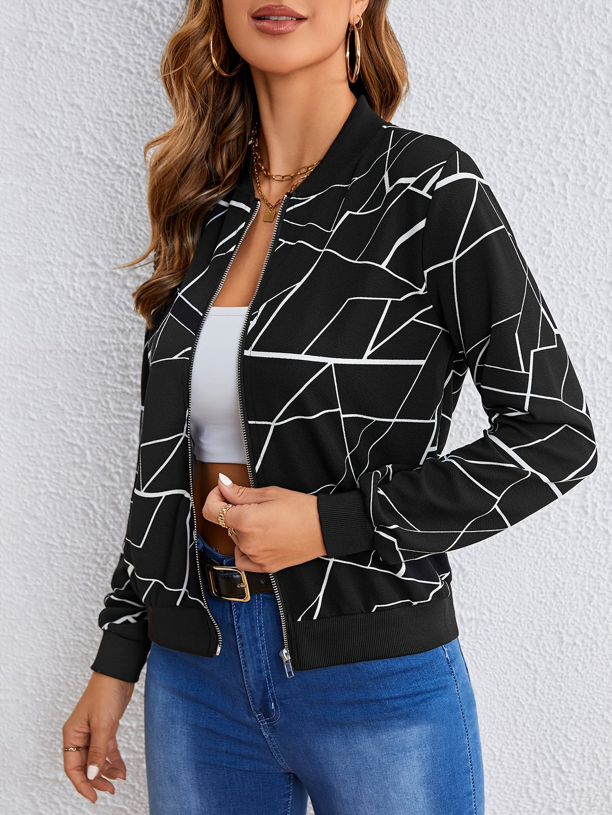 Geometric Line Print Zip Front Bomber Jacket
