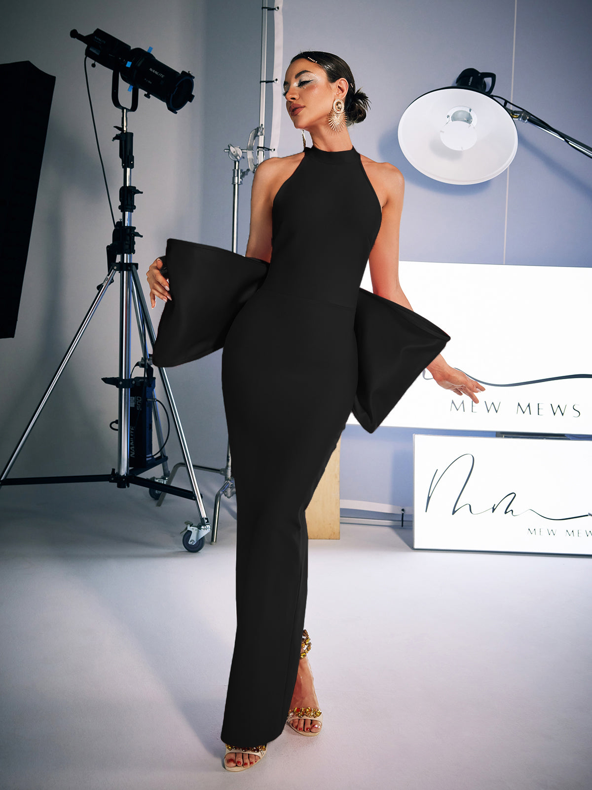 Halter Open Back Bow Detail Peplum Bandage Maxi Gown