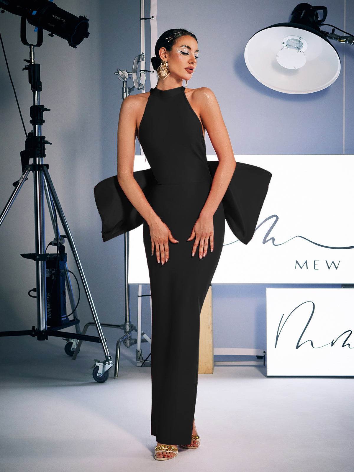 Halter Open Back Bow Detail Peplum Bandage Maxi Gown