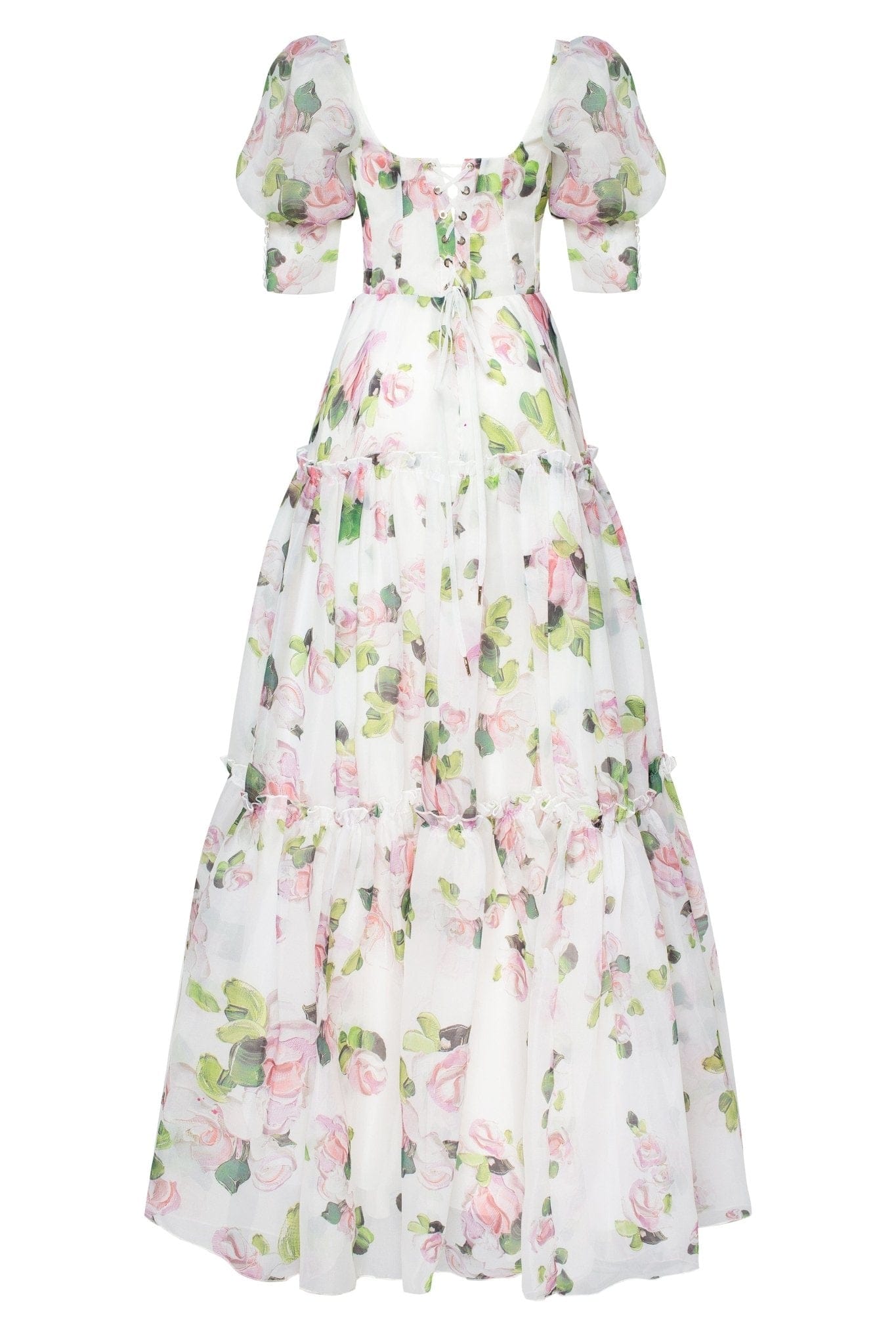 Floral Off Shoulder Puff Sleeve Tiered Maxi Gown 4