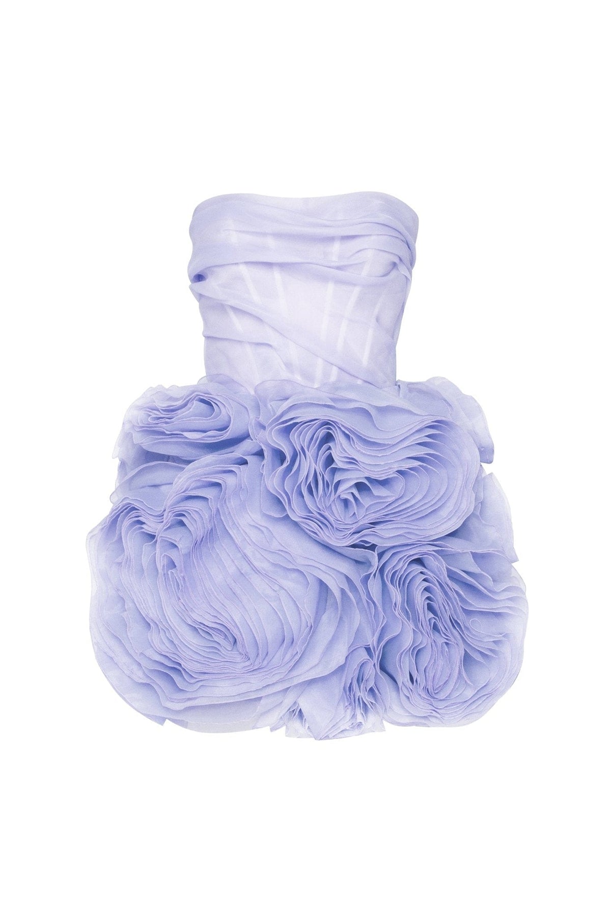 Strapless Ruched Corset Bodice Organza Rosette Ruffle Mini Dress