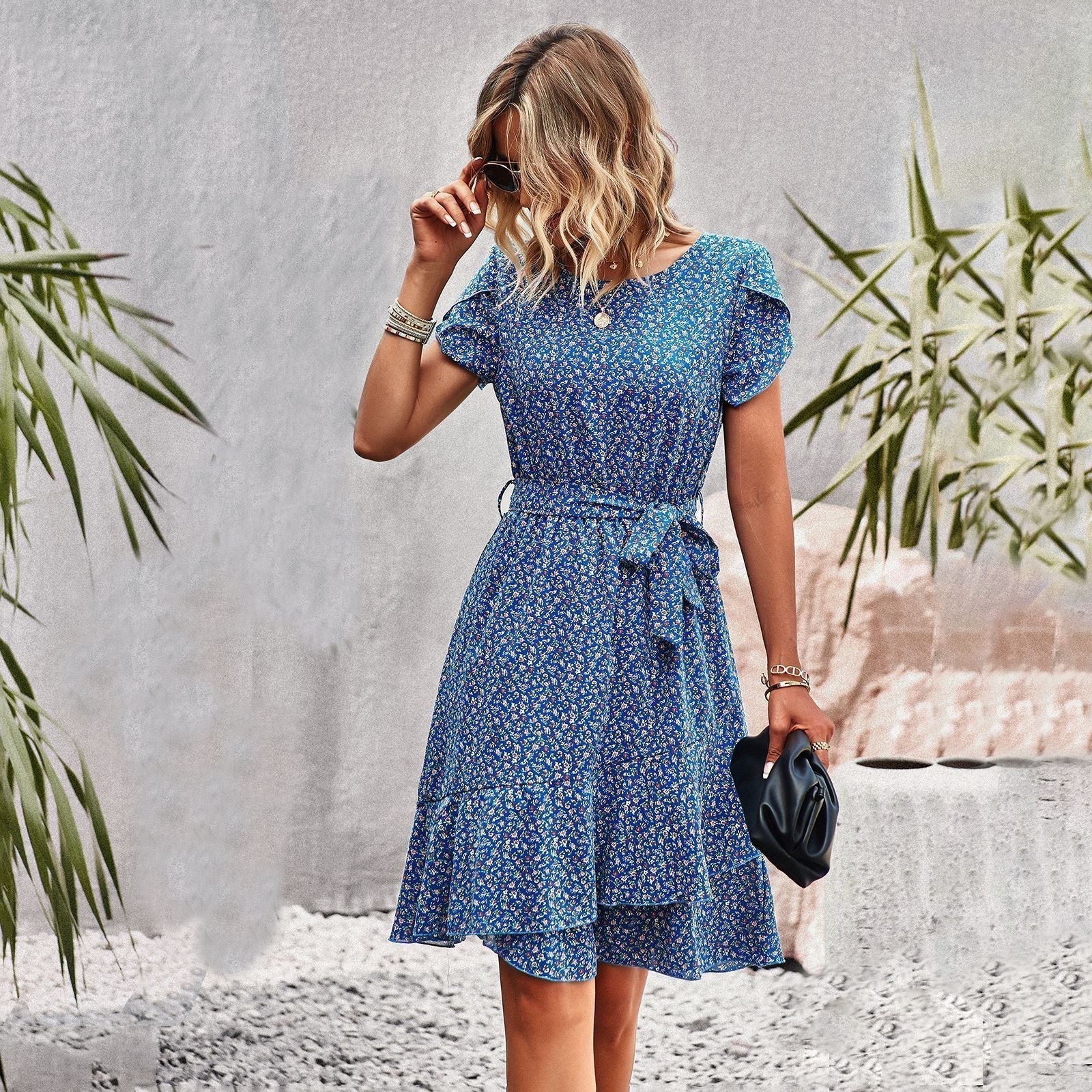 Floral Round Neck Short Sleeve Tiered Belted A-Line Mini Dress