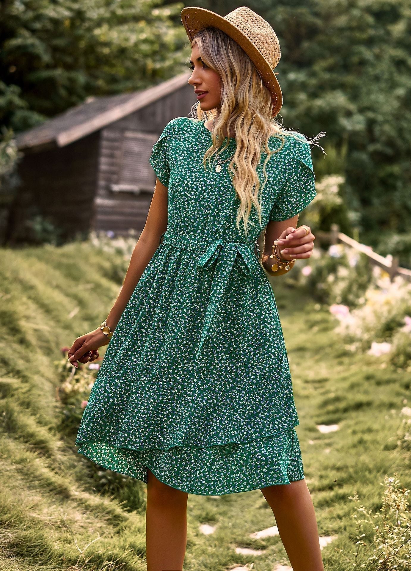 Floral Round Neck Short Sleeve Tiered Belted A-Line Mini Dress