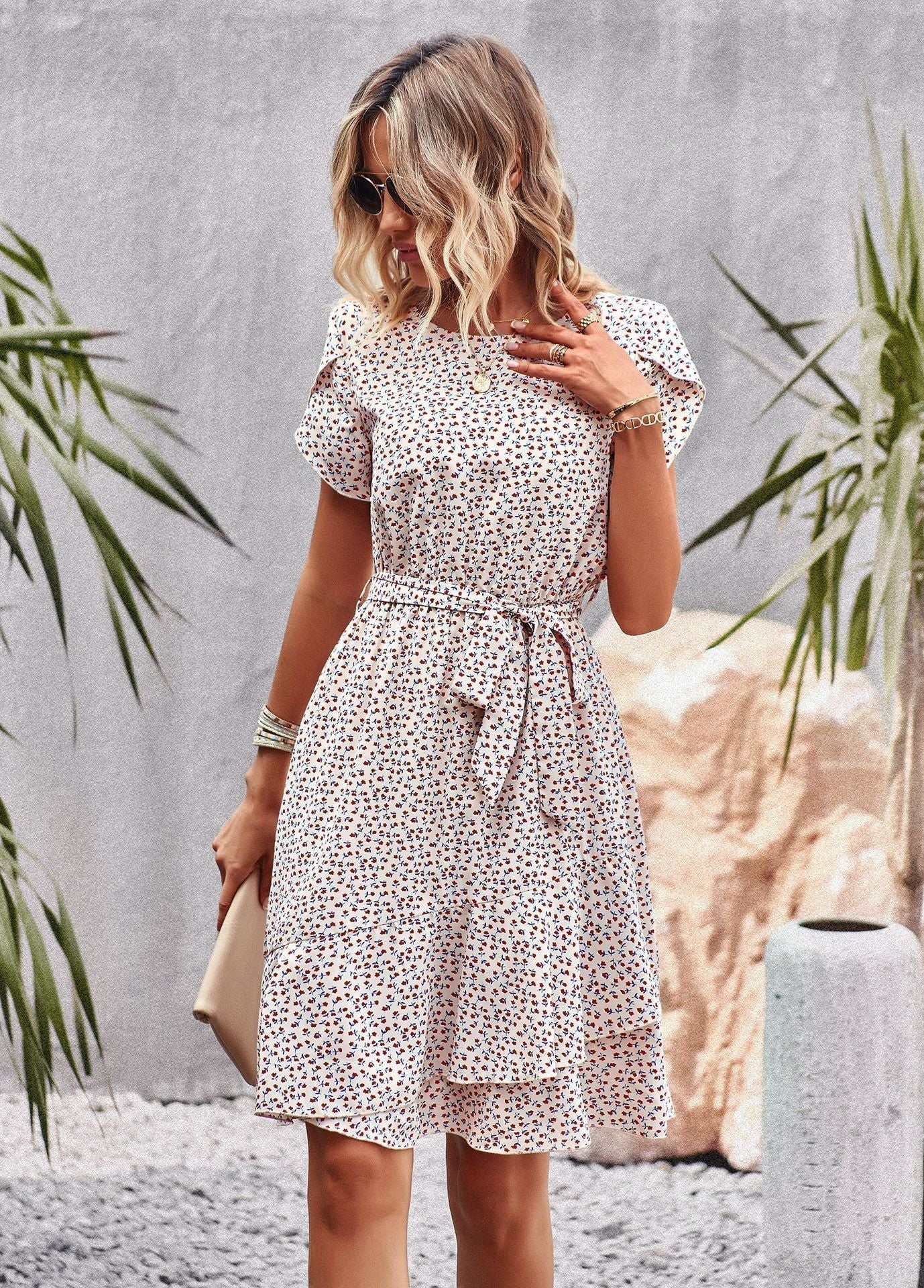Floral Round Neck Short Sleeve Tiered Belted A-Line Mini Dress