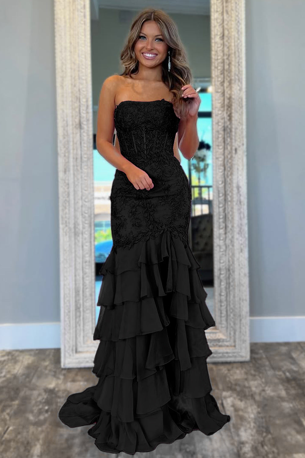 Mint Green Mermaid Strapless Lace Top Long Tiered Prom Dress
