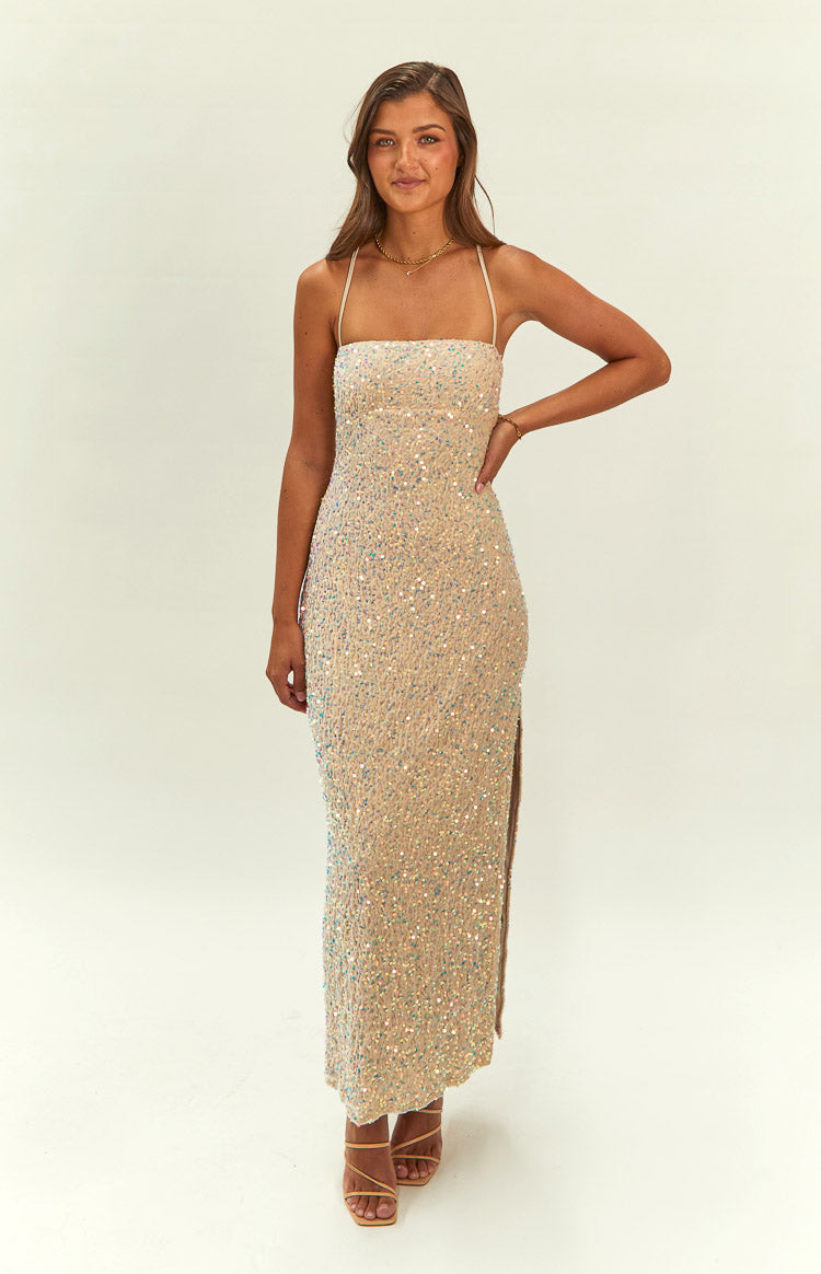Sequin Straight Neck Spaghetti Strap Column Formal Maxi Dress 2
