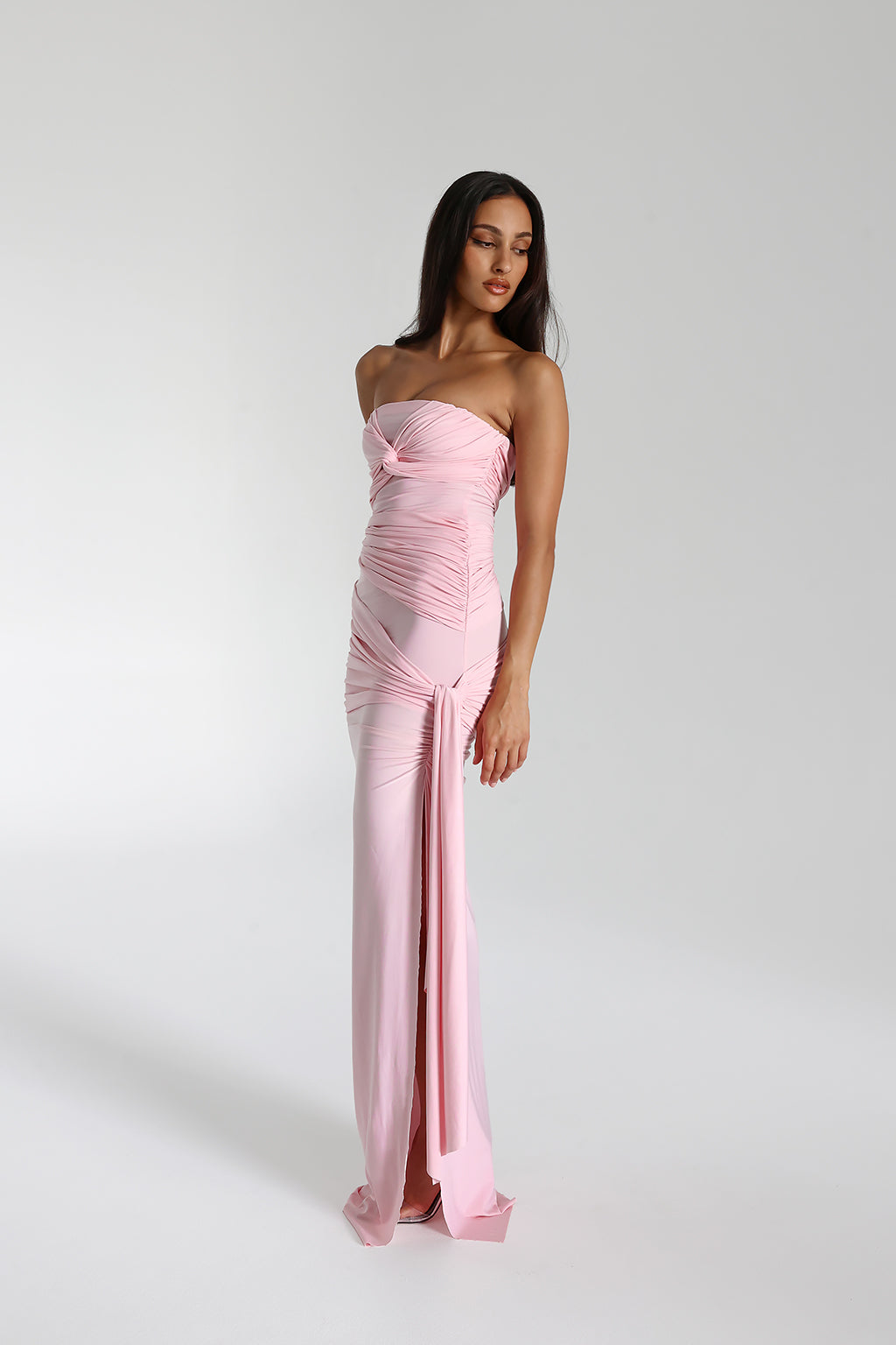 Strapless Twist Front Ruched Drape Overlay Column Maxi Gown