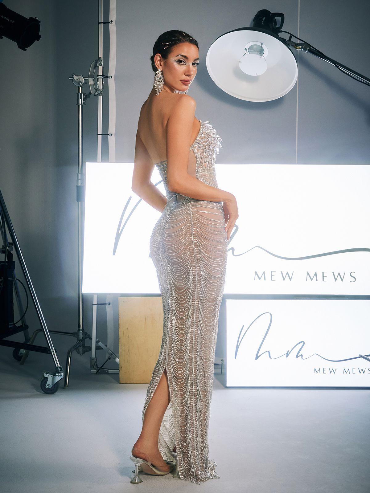 Crystal Beaded Chain Halter Neck Sweetheart Mesh Bodycon Maxi Gown