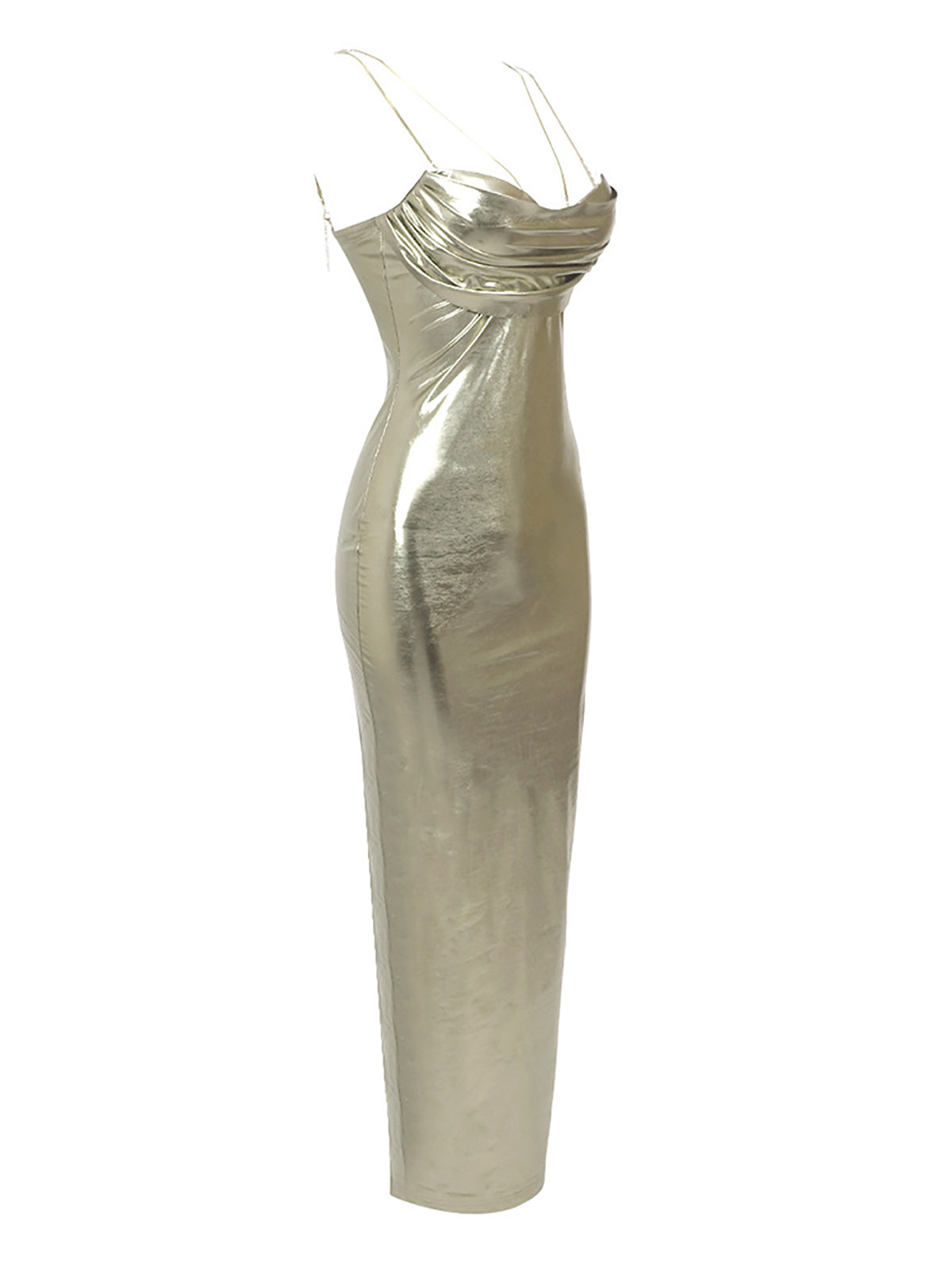 Metallic Cowl Neck Spaghetti Strap Bodycon Midi Dress