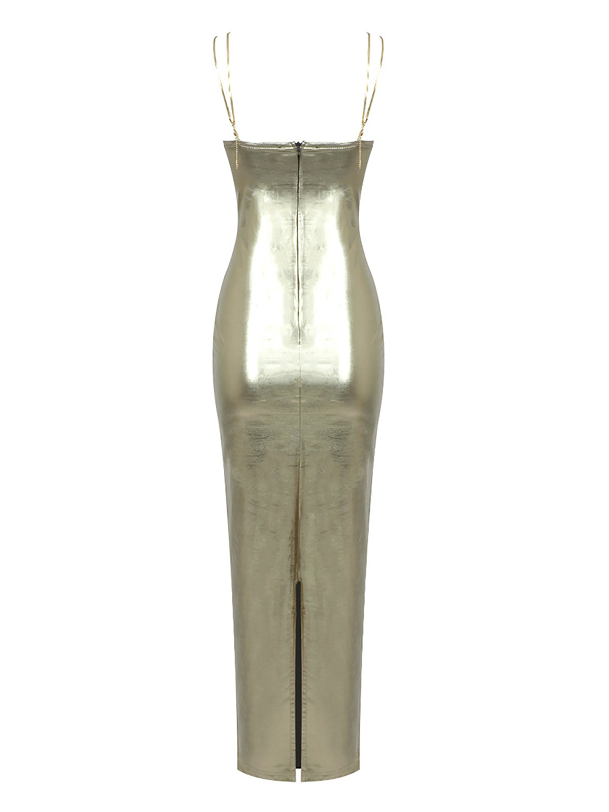 Metallic Cowl Neck Spaghetti Strap Bodycon Midi Dress