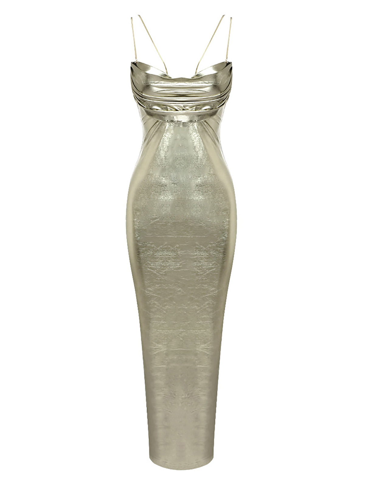 Metallic Cowl Neck Spaghetti Strap Bodycon Midi Dress