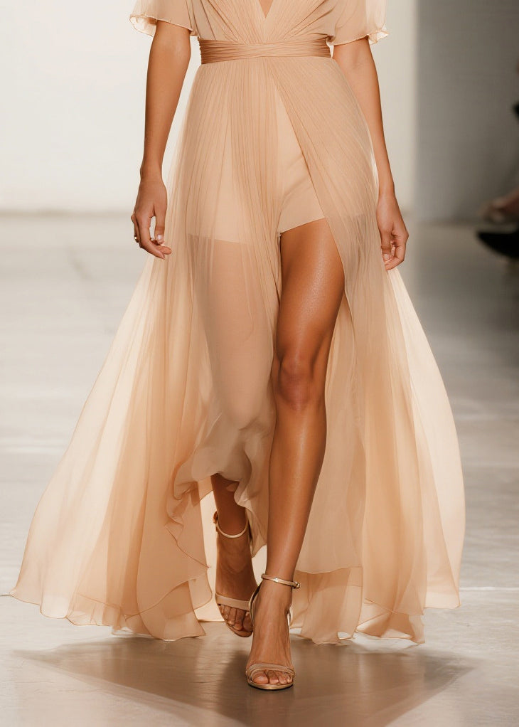Deep V-Neck Pleated Flutter Sleeve Romper Sheer Overlay High Split Maxi Gown